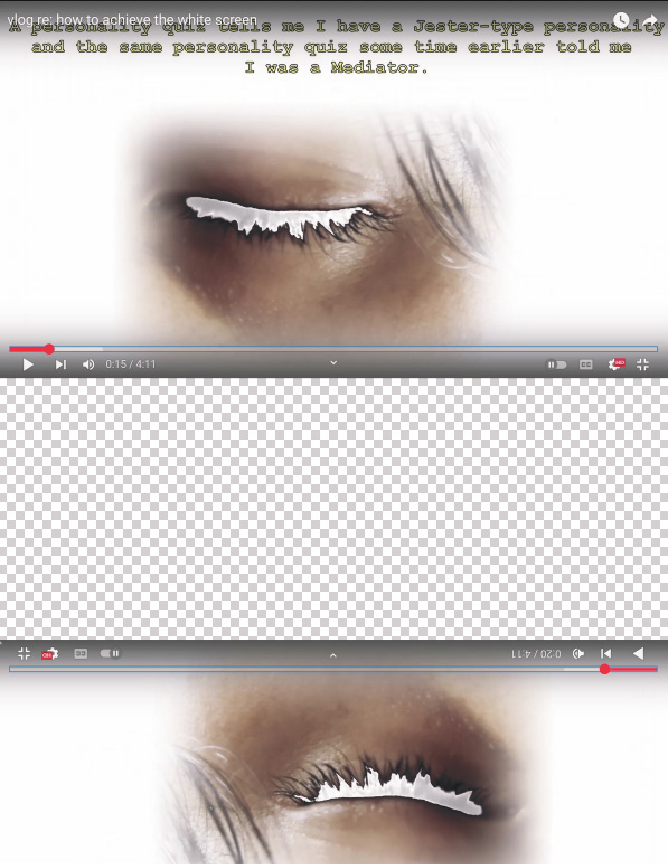 Mirrored screenshots from a YouTube video entitled Re: how to achieve the white screen