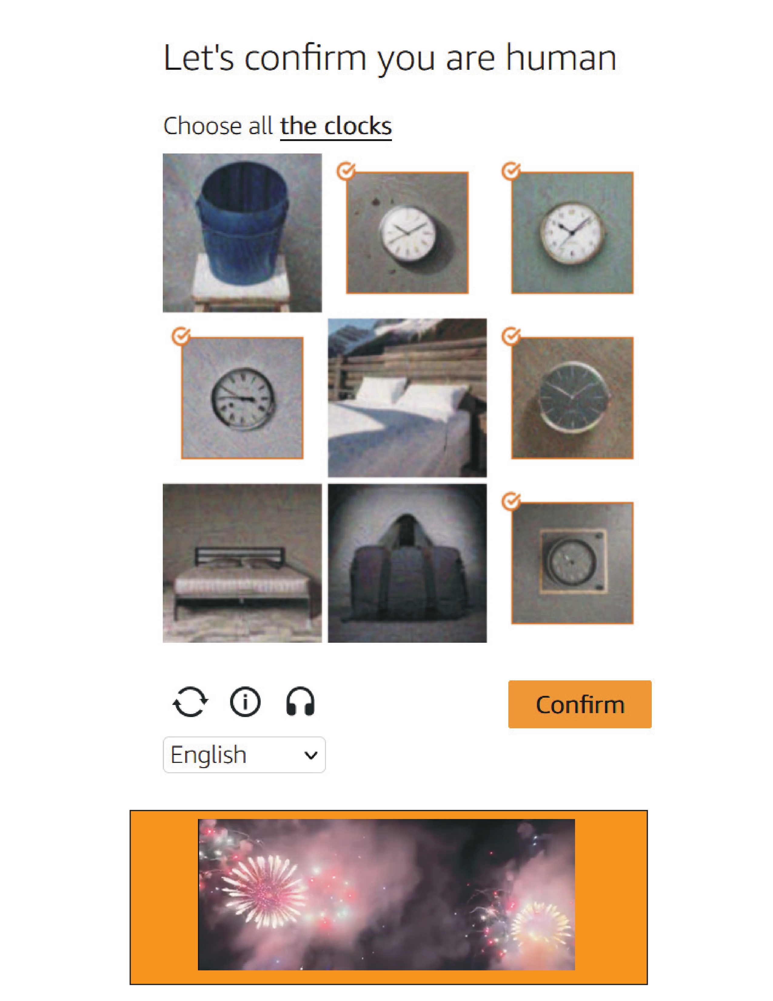 Let's confirm you are human screenshot, select all the clocks captcha